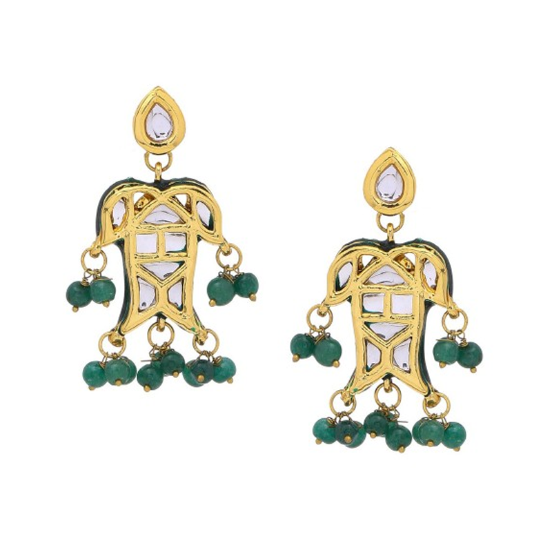 Green & Gold-Plated Handcrafted Kundan Geometric Drop Earrings